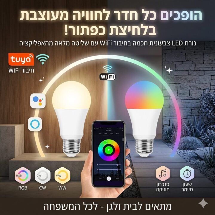 נורת LED E27 WIFI חכמה וצבעונית כולל שליטה מרחוק ותמיכה ב Google Assistant