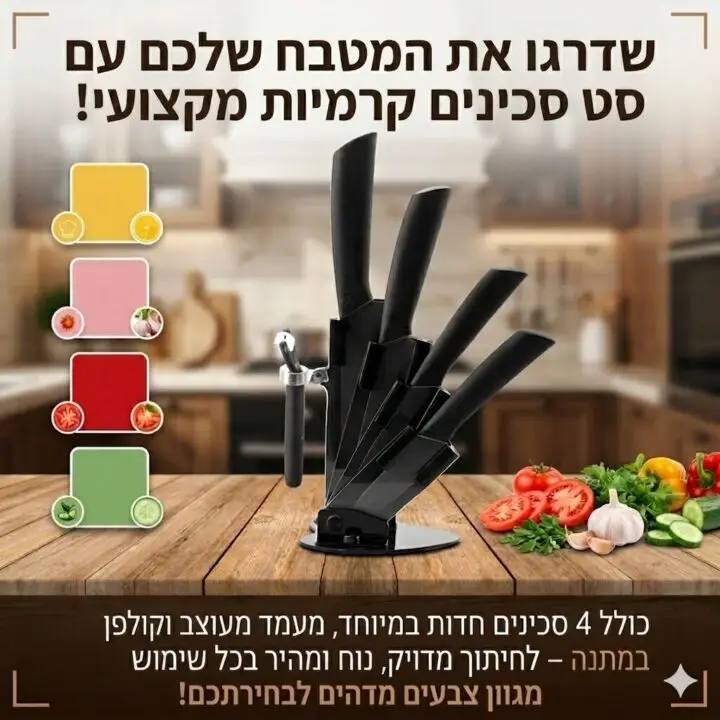 סט 4 סכינים קרמיות למטבח כולל מעמד וקולפן במתנה