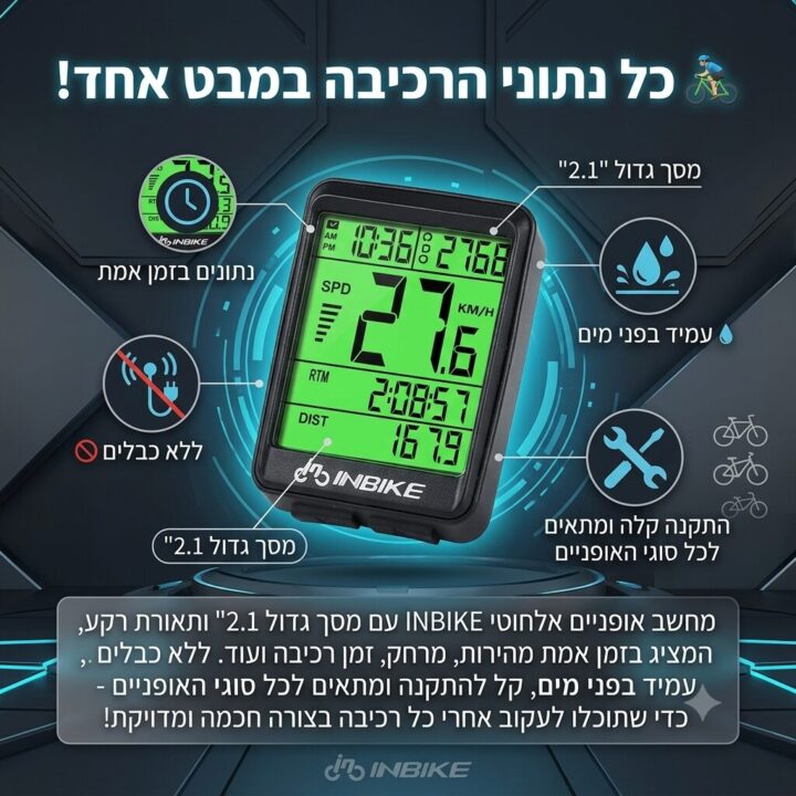 מחשב אופניים אלחוטי INBIKE 2.1" - מד מהירות, מרחק וזמן