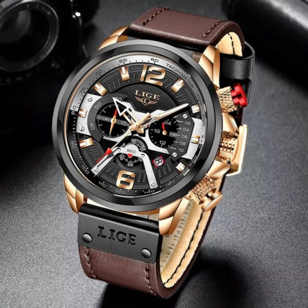 2021 New Mens Watches LIGE Top Brand Leather Chronograph Waterproof Sport Automatic Date Quartz Watch For 2