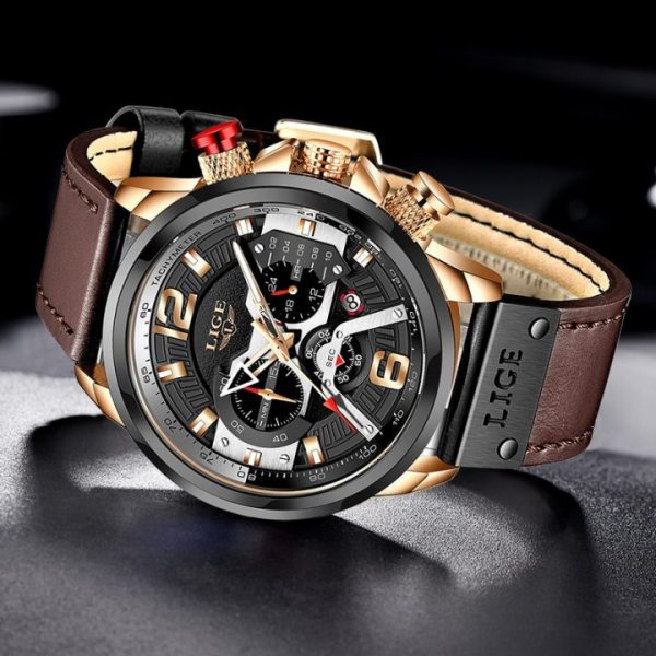 2021 New Mens Watches LIGE Top Brand Leather Chronograph Waterproof Sport Automatic Date Quartz Watch For 3