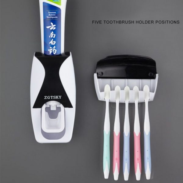 Automatic Toothpaste Dispenser Wall Mount Dust proof Toothbrush Holder Wall Mount Storage Rack Bathroom Accessories Set 1