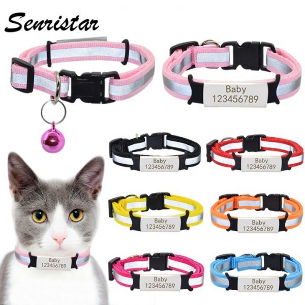 Personalized Nameplate Cat Collar Bell Necklace Safety Reflective Nylon Custom Engraved ID Name Tag Cat Collar