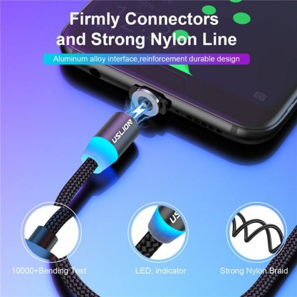 USLION Magnetic USB Cable For iPhone 12 11 Xiaomi Samsung Type C Cable LED Fast Charging 1