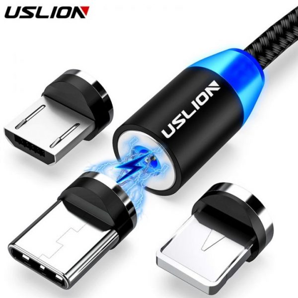 USLION Magnetic USB Cable For iPhone 12 11 Xiaomi Samsung Type C Cable LED Fast Charging