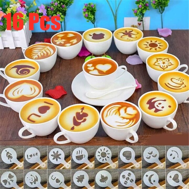 16 PCS Set Mixed Styles Cappuccino Latte Coffee Stencils Duster Cake Mold Spray Coffee DIY Art