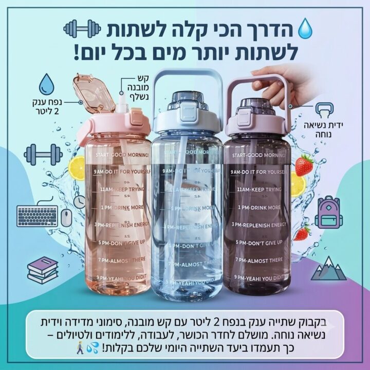 בקבוק שתייה 2 ליטר עם קש מובנה וסימון מדידה